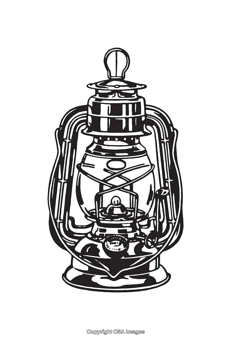 Vintage Kerosene Lamp Illustration in Black and White Line Art Style
