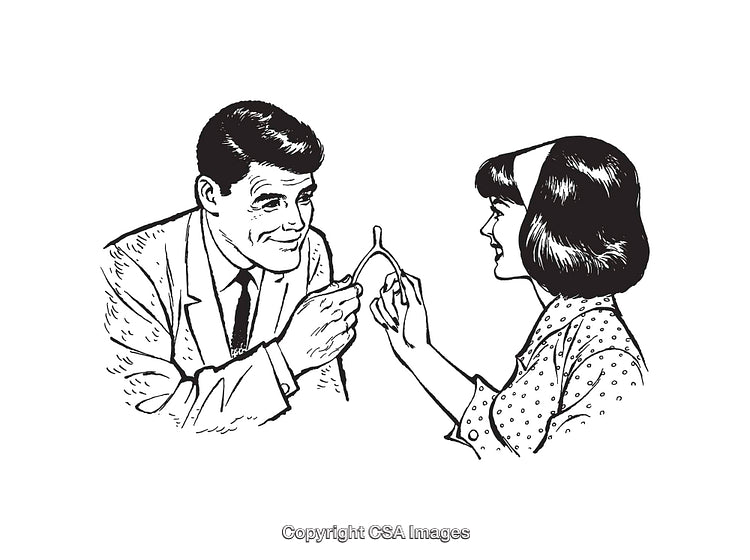 Retro Line Art of Two Characters Breaking a Wishbone