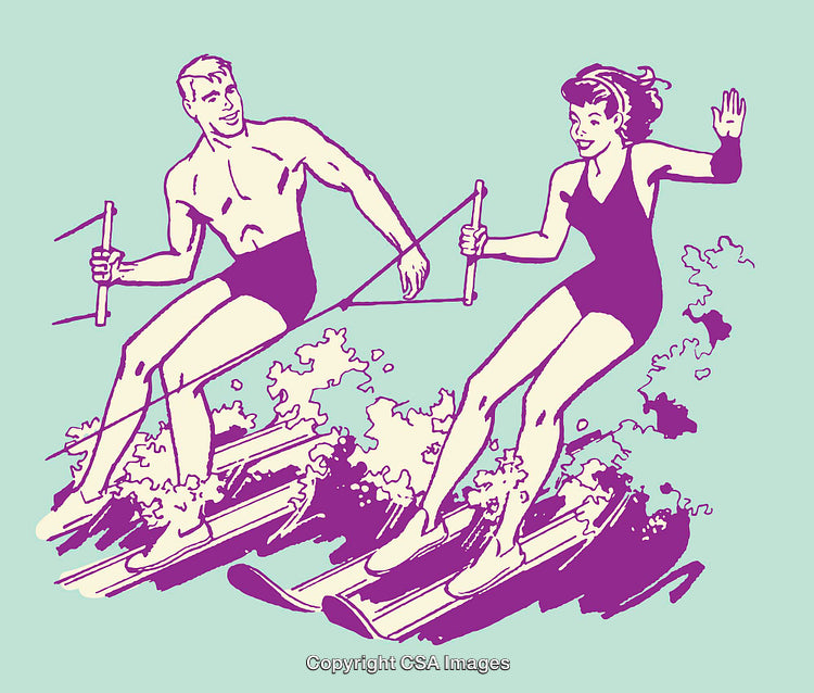 Vintage Water Skiing Illustration of Two People Enjoying the Activity