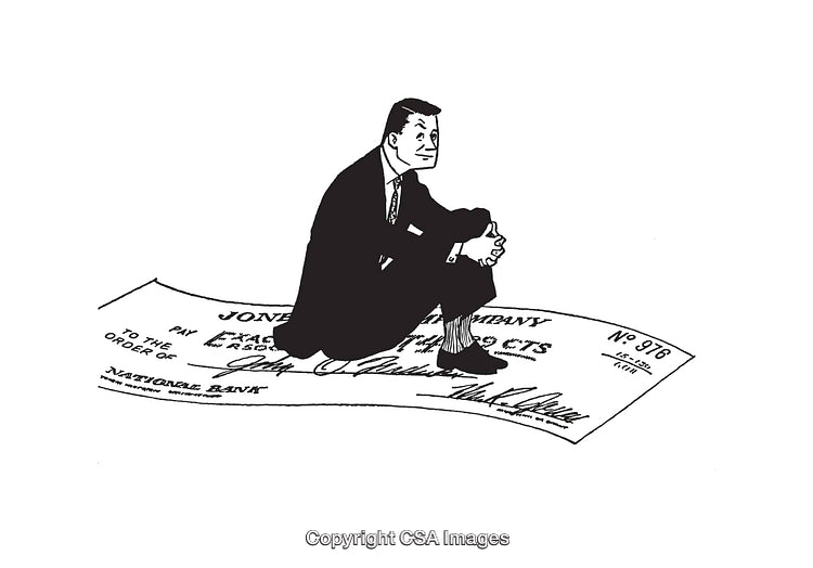 Black and White Illustration of a Businessman Sitting on a Check
