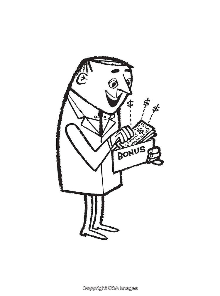 Happy Cartoon Man Excitedly Holding a Bonus Envelope with Money Signs