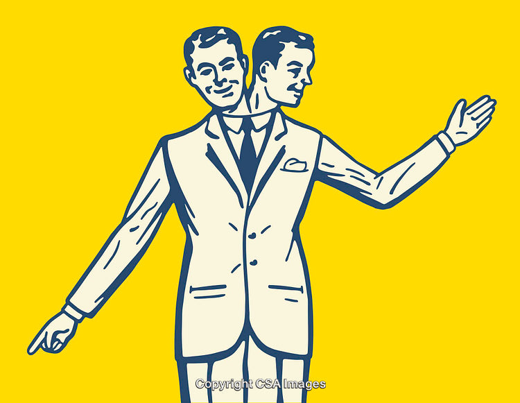 Retro Line Art Illustration of a Double-Faced Businessman on Yellow