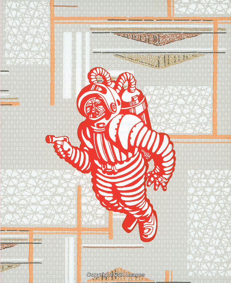 Illustration of Red Astronaut on a Retro Geometric Background