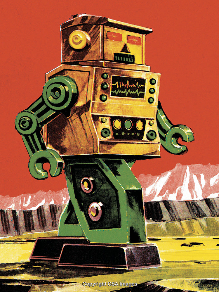 Retro Style Robot Standing Amid Abstract Landscape With Red Sky