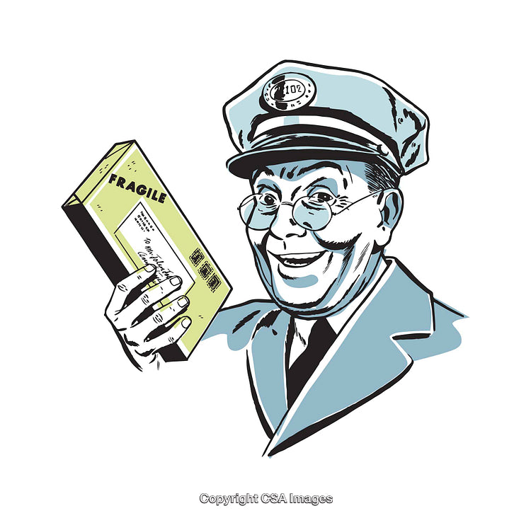 Vintage Postman Illustration Holding a Fragile Parcel With Cheerful Expression