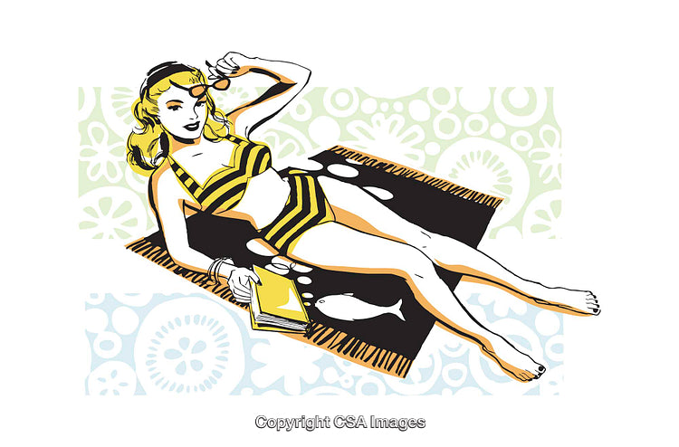 Retro Illustration of Woman Relaxing on Beach Towel with Book