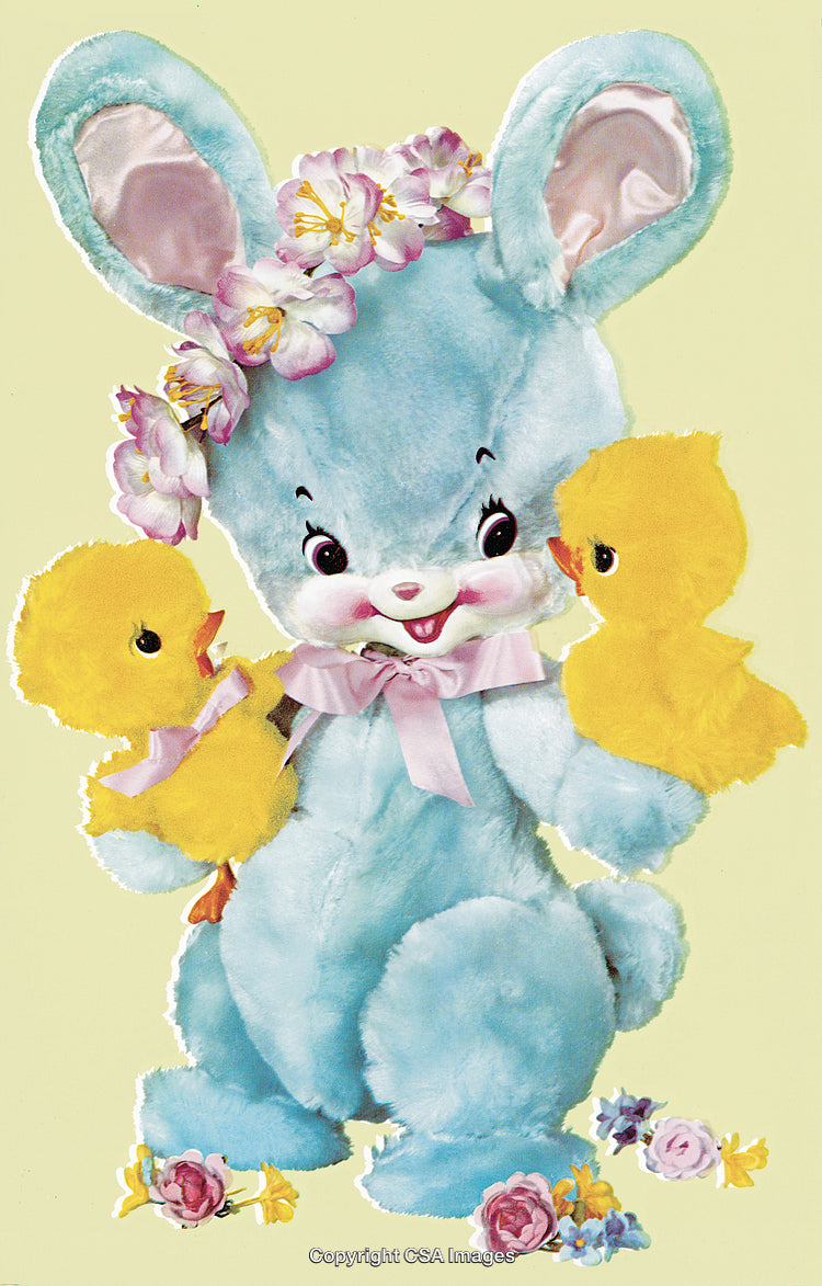 Cute Blue Bunny with Yellow Chicks in a Spring Setting