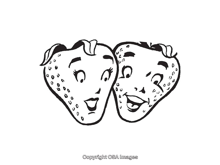 Smiling Faces of Anthropomorphic Strawberries in Black and White Line Art