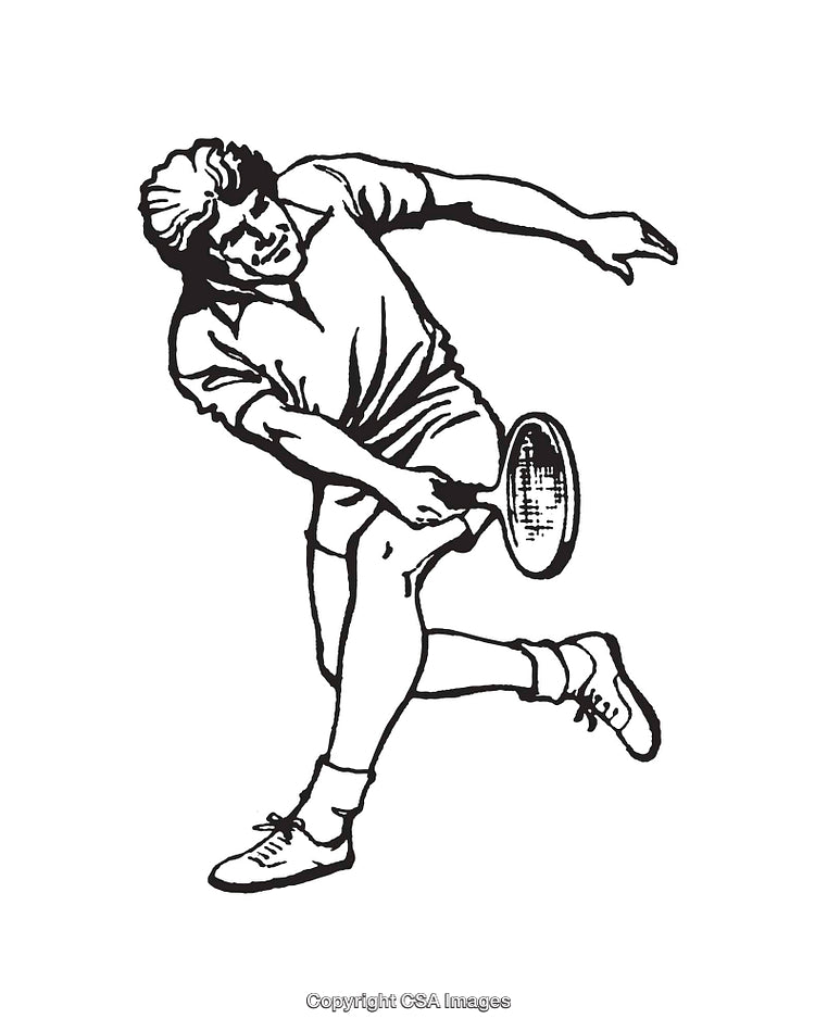 Black and White Line Art Illustration of a Tennis Player in Action