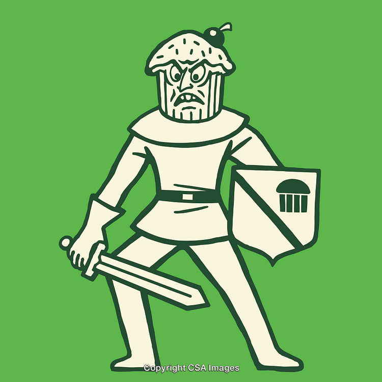 Knight Character with Cupcake Head in Cartoon Style on Green Background
