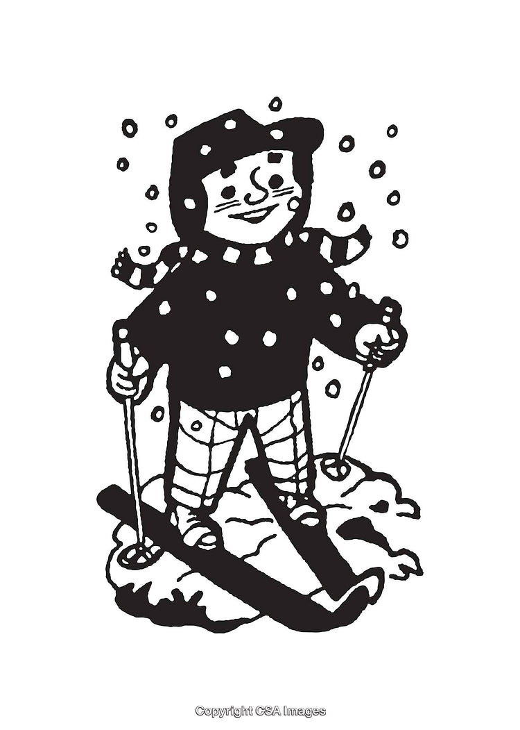 Black and White Illustration of a Child Skiing in Snowy Weather