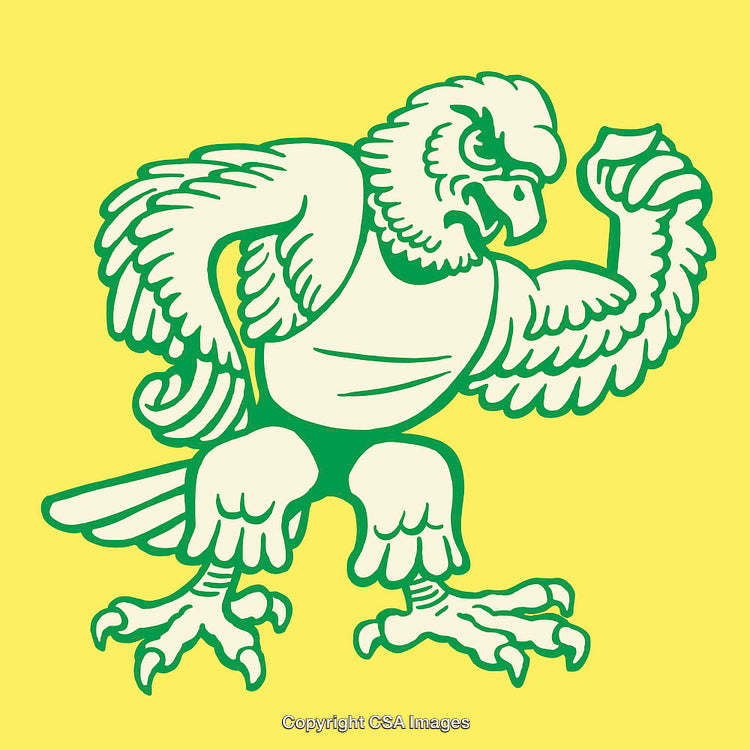 Illustrative Artwork of a Muscular Hawk on a Bright Yellow Background