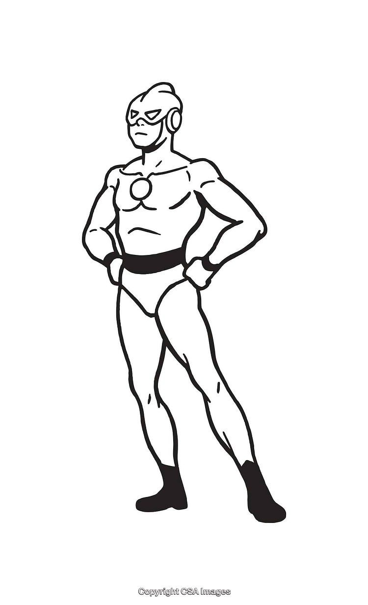 Black and White Line Art Illustration of a Hero in a Confident Pose