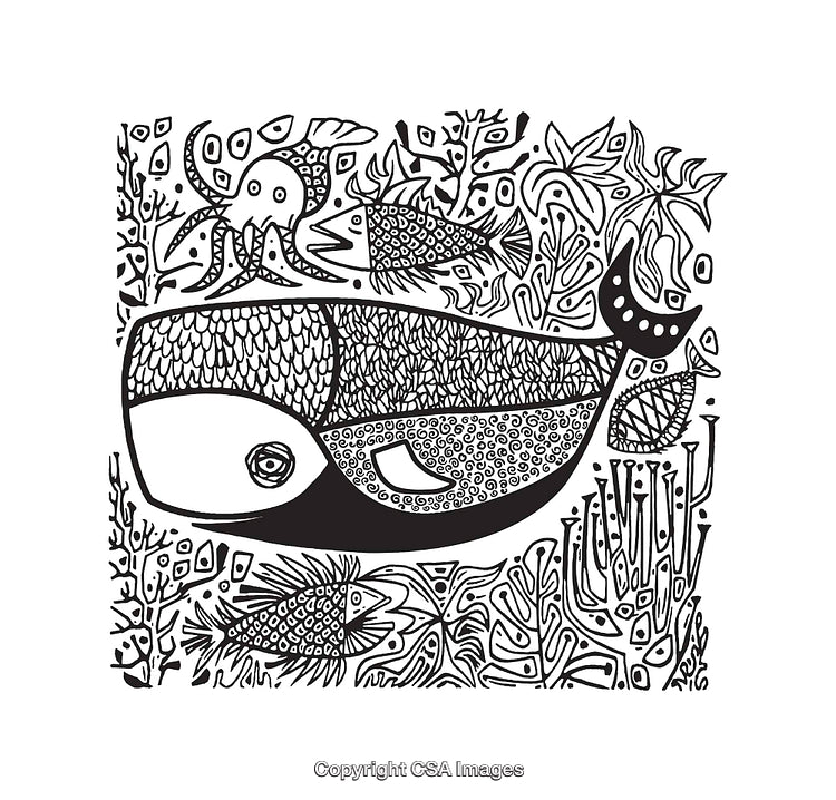 Black and White Line Art Illustration of a Whale Underwater