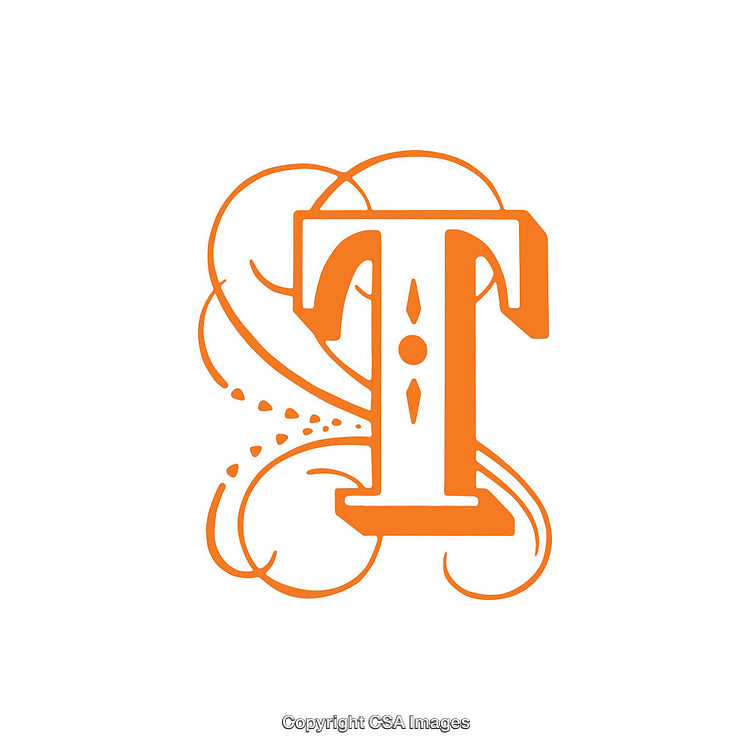 Ornate Letter T with Intricate Flourish Designs in Orange