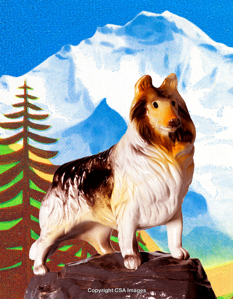 Plastic Collie Figurine Against a Vibrant Natural Mountain Landscape