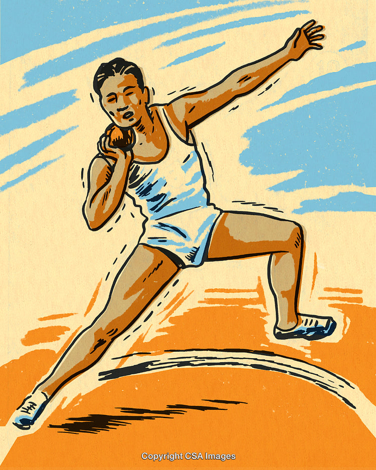 Male Athlete Throwing Shot Put in Colorful Vintage Illustration