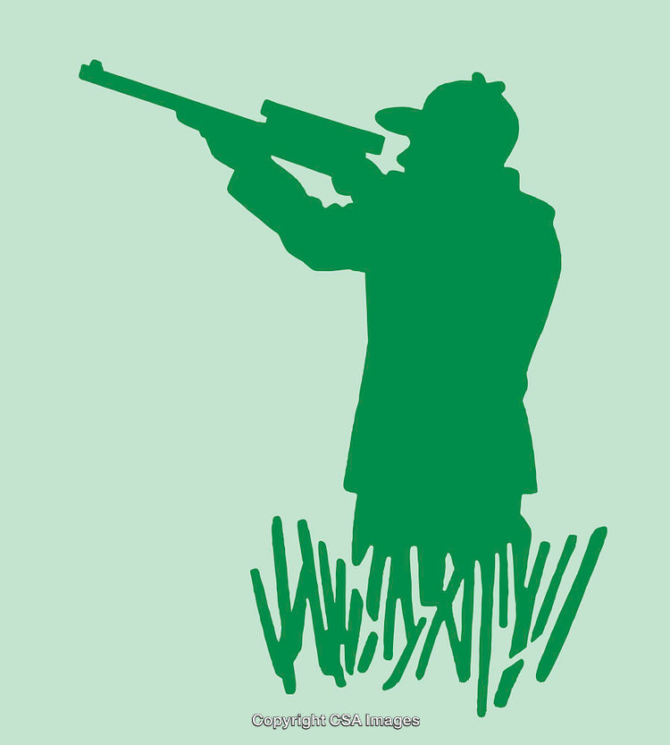Silhouette of Hunter Aiming Rifle in Grassy Terrain