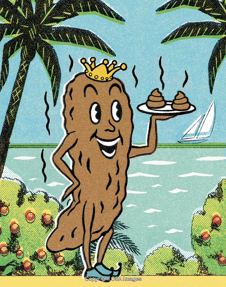 Humorous Anthropomorphic Character By Tropical Beach Scenario with Crown and Palm Trees