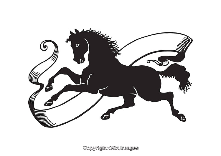 Elegant Black and White Illustration of a Running Horse with Decorative Ribbon