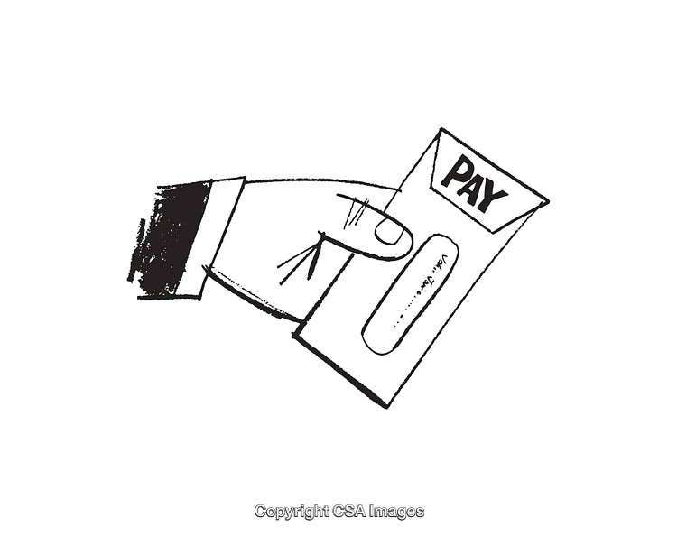 Black and White Line Art of Hand Holding a Pay Envelope