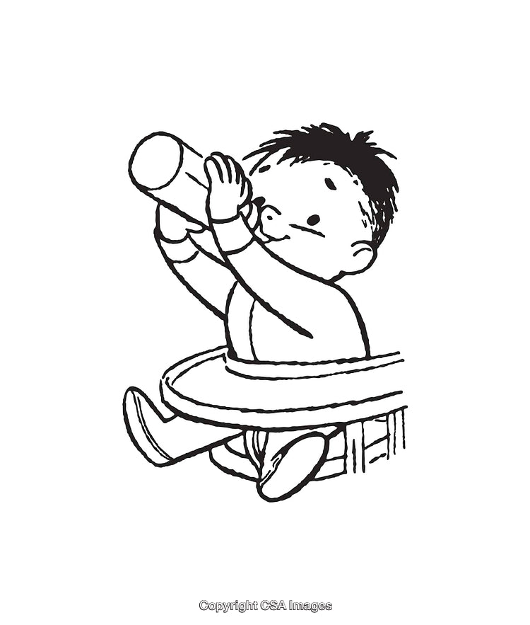 Black and White Illustration of Baby Drinking from a Bottle in Highchair