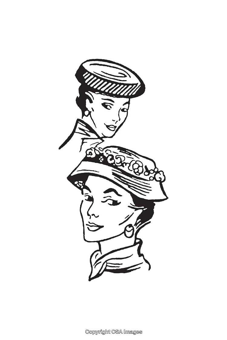 Vintage Black and White Illustrations of Fashionable Women Wearing Elegant Hats
