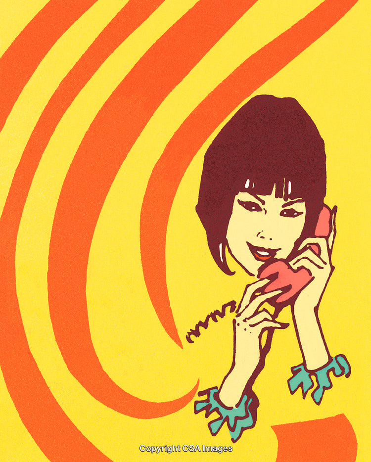 Retro Illustration of a Woman Talking on a Telephone with Curved Background Elements