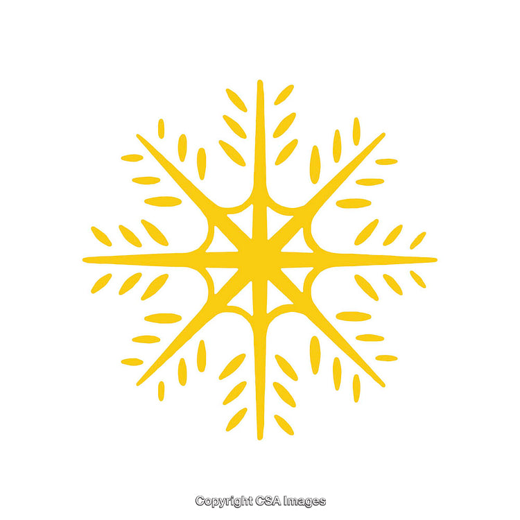 Yellow Snowflake Dingbat with Symmetrical Abstract Design on White Background