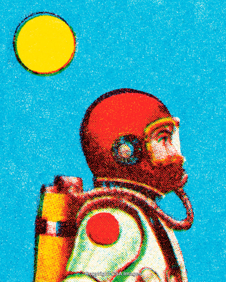 Retro Styled Astronaut in Space with a Yellow Planet on Blue Background