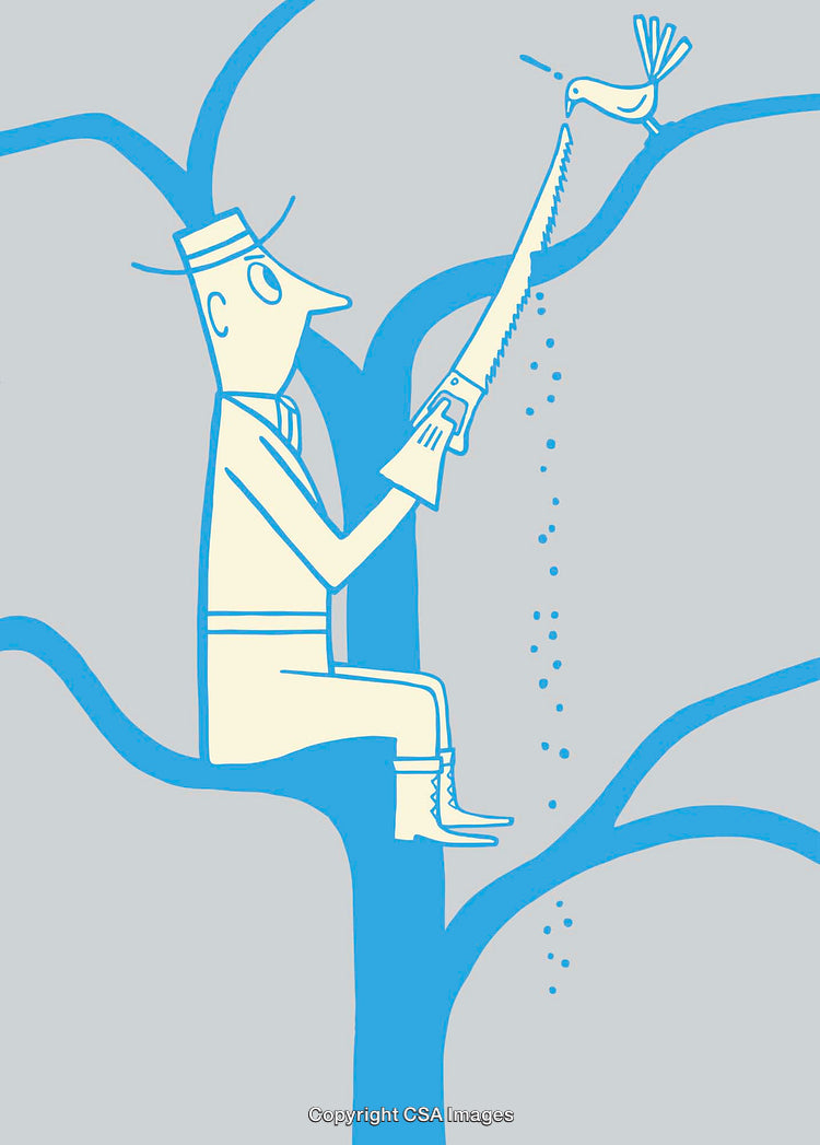 Cartoon Illustration of Man Cutting Tree Branch Under His Own Seat