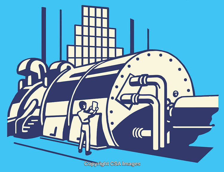 Industrial Machinery in Line Art Style with Technician Study Illustration