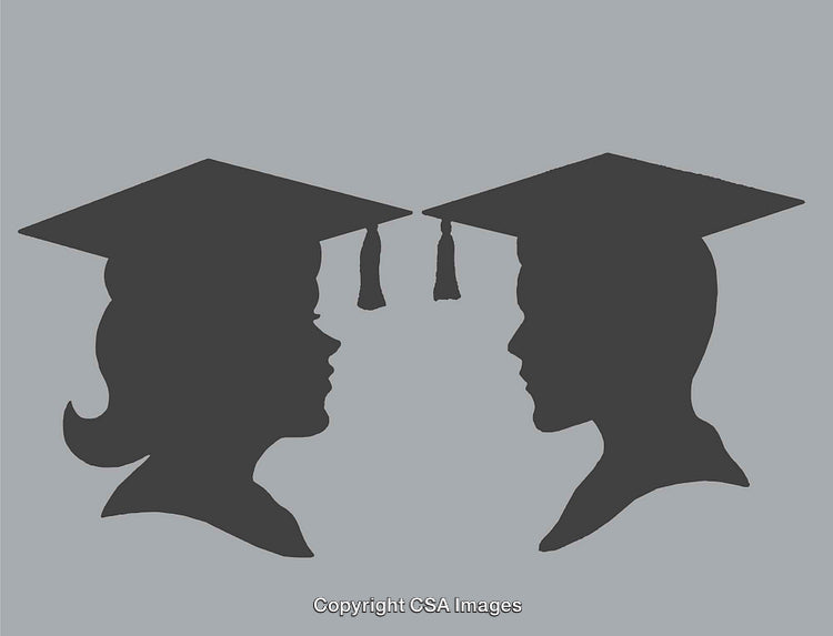 Silhouetted Boy and Girl Graduates Wearing Academic Caps Facing Each Other