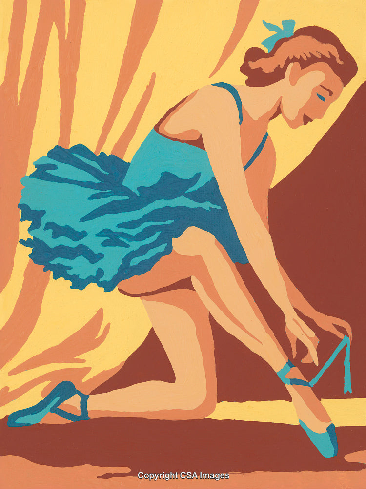 Colorful Illustration of Ballet Dancer Tying Shoe in Paint-by-Number Style