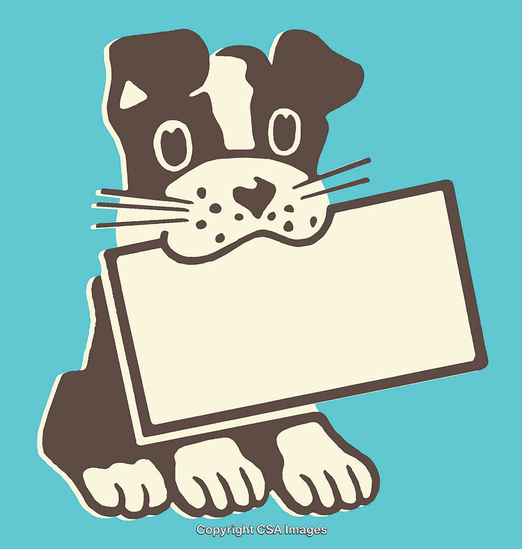 Adorable Cartoon Puppy Holding a Blank Sign on Blue Background