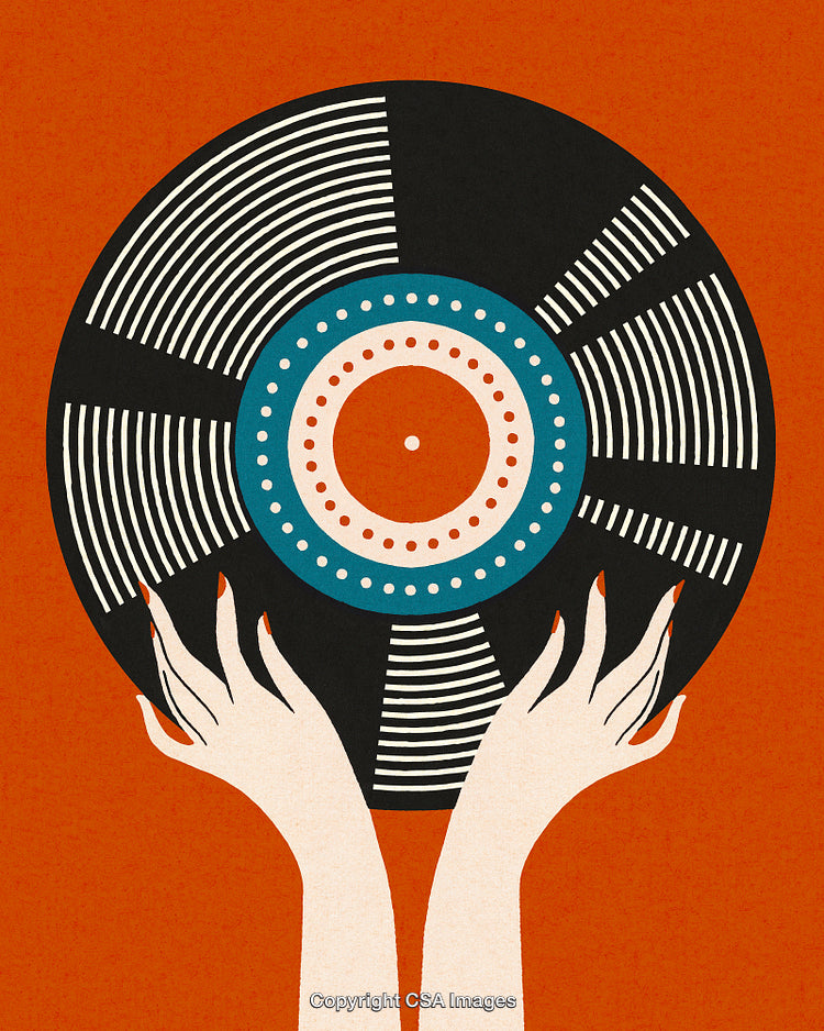 Abstract Illustration of Hands Holding Vinyl Record Against Orange Background