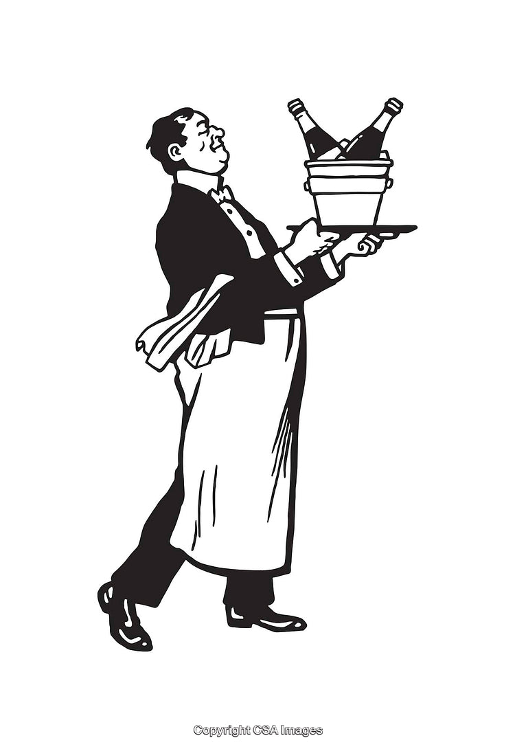 Elegant Waiter Serving Champagne in Black and White Line Art