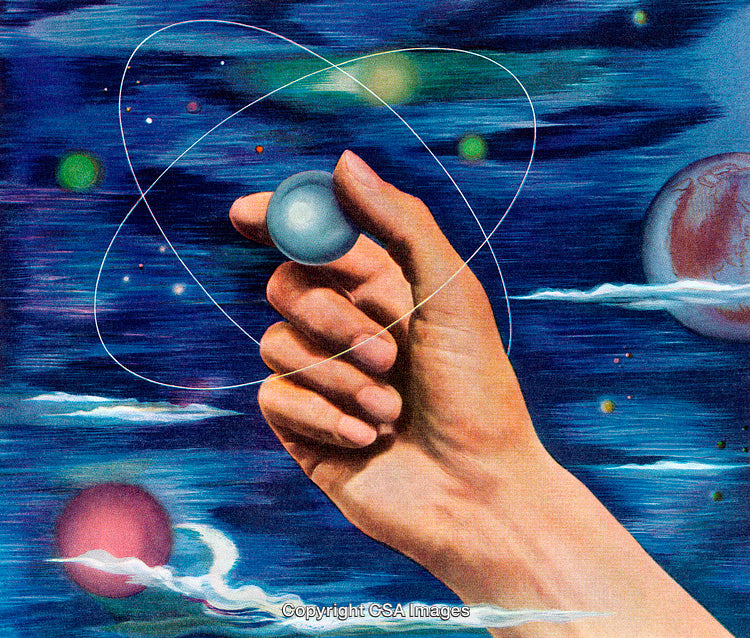 Hand Holding Sphere in Colorful Artistic Cosmic Environment