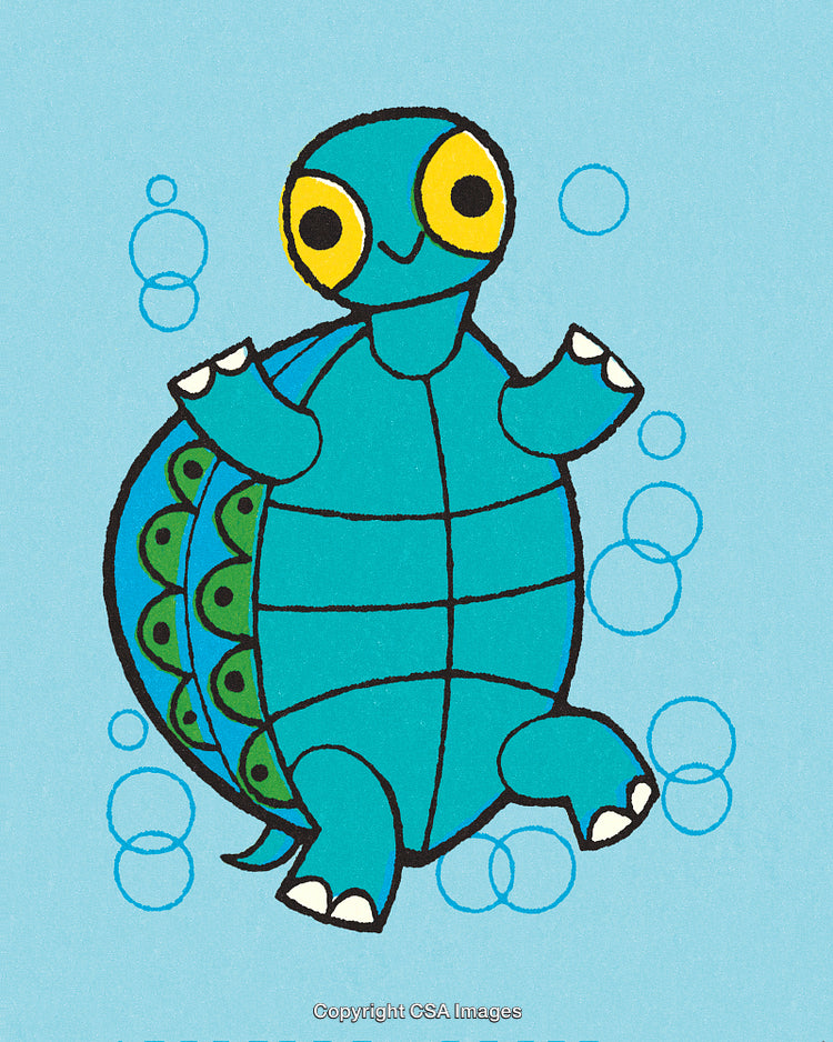 Smiling Cartoon Turtle Amid Bubbles with a Light Blue Background