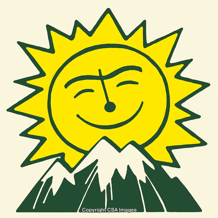 Smiling Sun Over Snow-Capped Mountains in Vibrant Hand-Drawn Style
