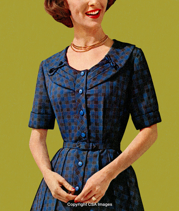 Vintage Style Woman in Blue Dress on Retro Background