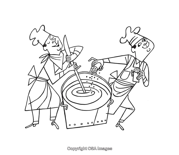 Line Art of Two Chefs Preparing a Large Soup in a Pot