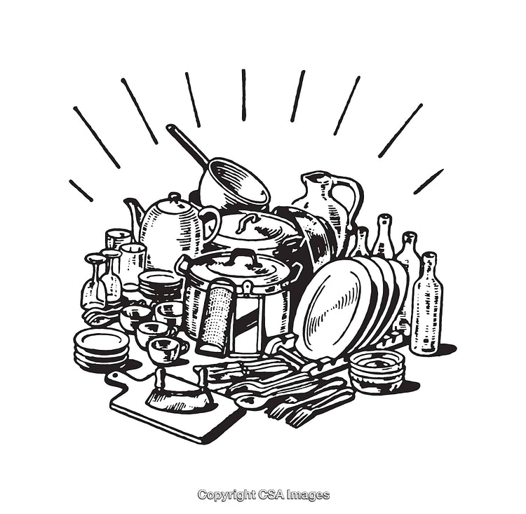 Vintage Line Art of Kitchenware Including Pots, Plates, and Bottles