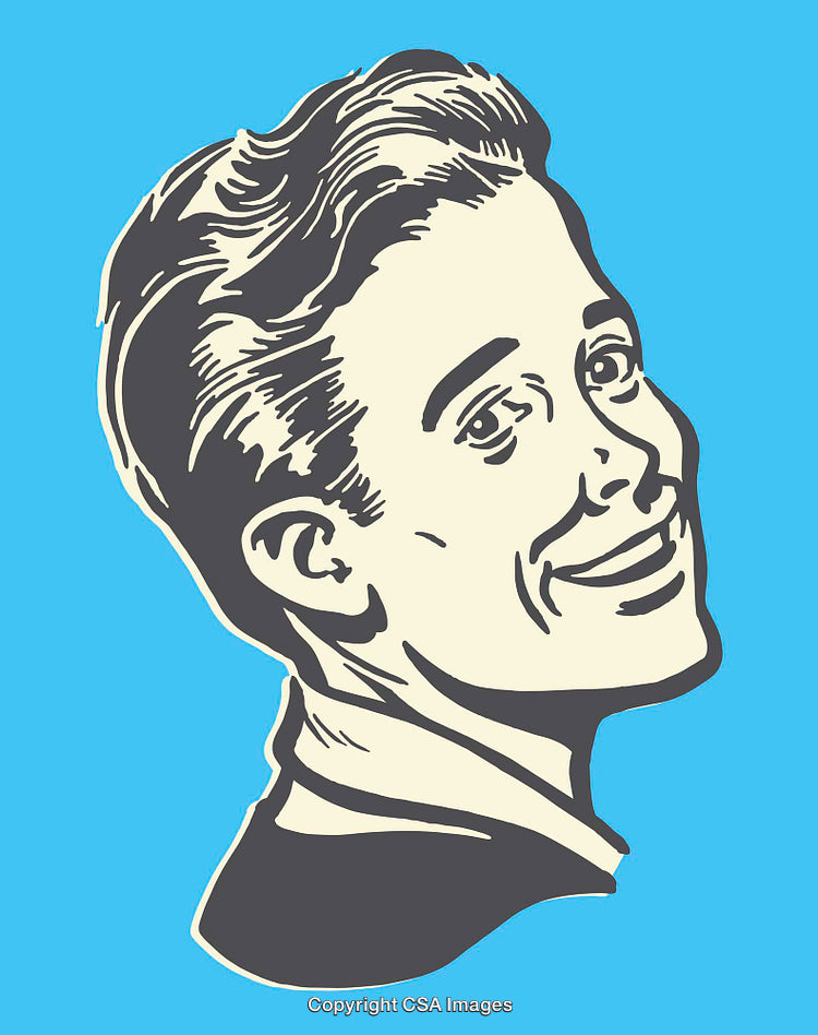 Retro Style Line Art Illustration of a Smiling Man in Blue Background