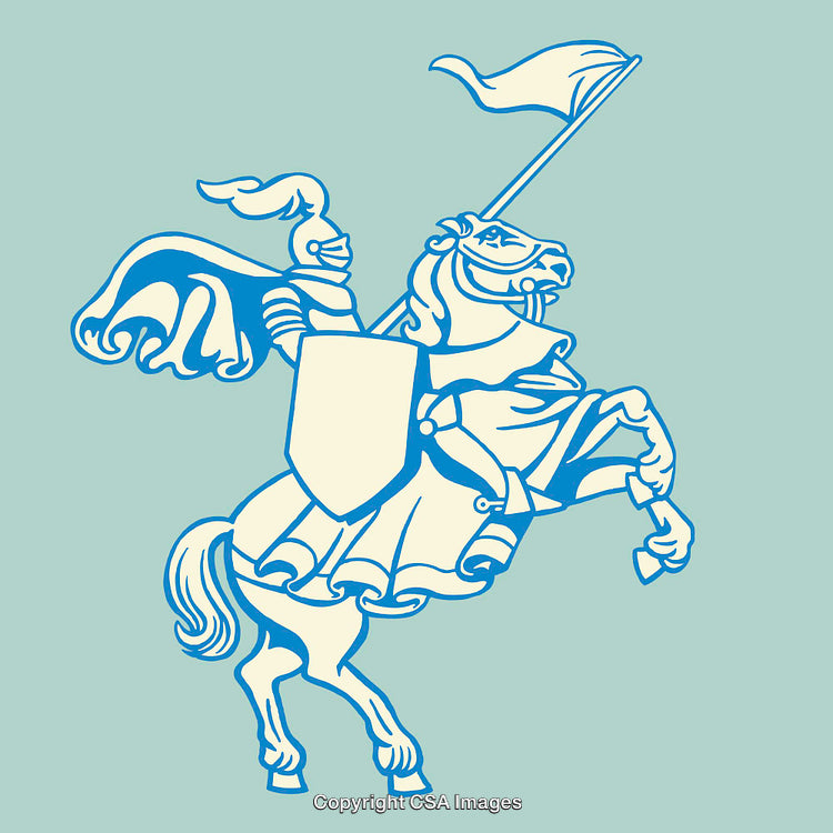 Decorative Knight Illustration with a Horse and Flag in Line Art Style