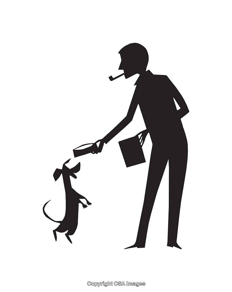 Silhouette of a Smoking Person Feeding a Standing Dog