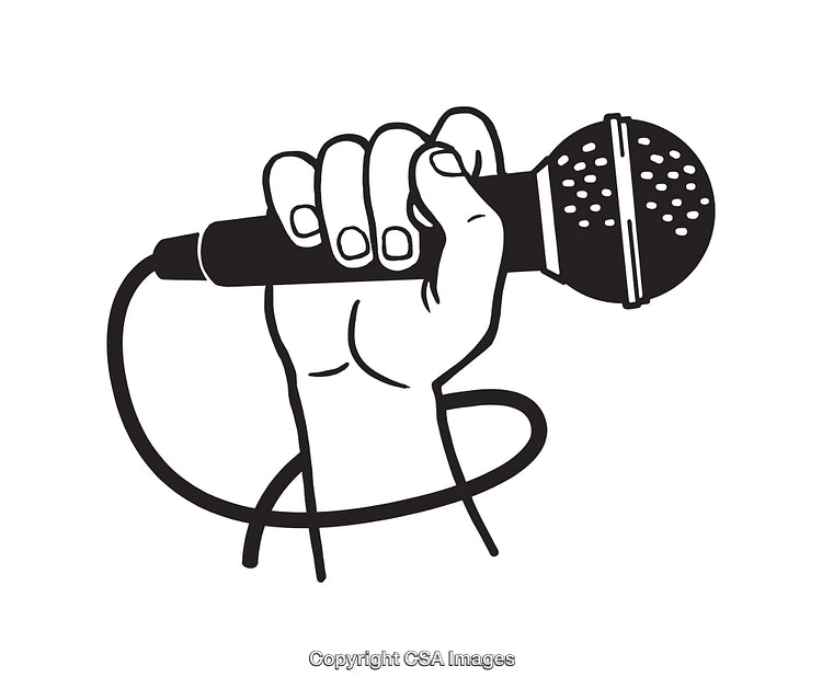 Black and White Line Drawing of a Hand Holding a Microphone