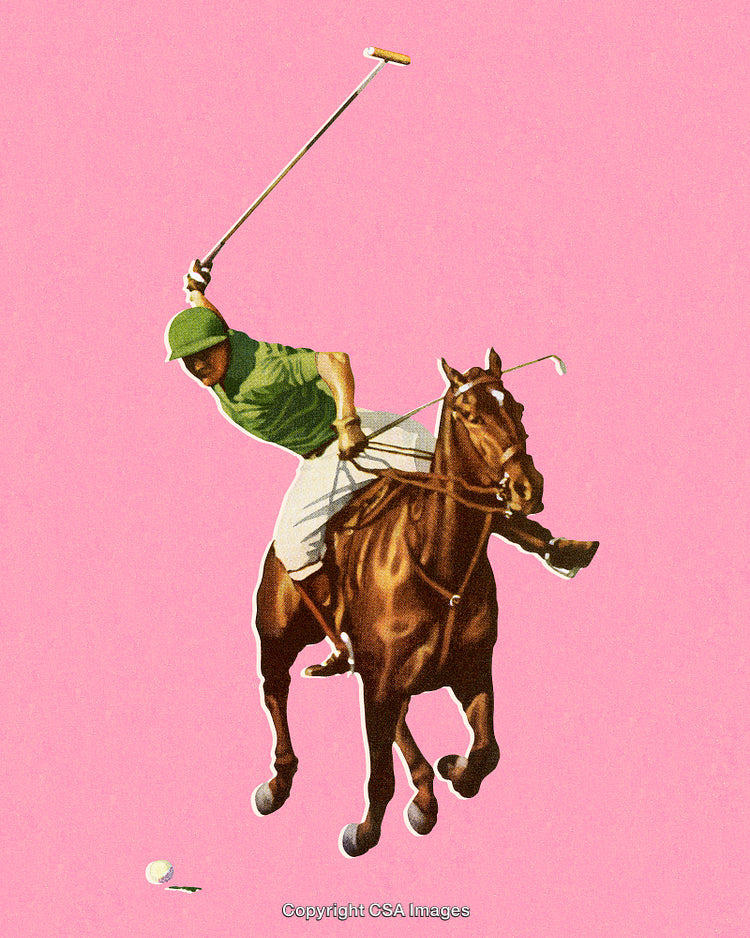 Illustration of a Polo Player on Horseback Against Pink Background