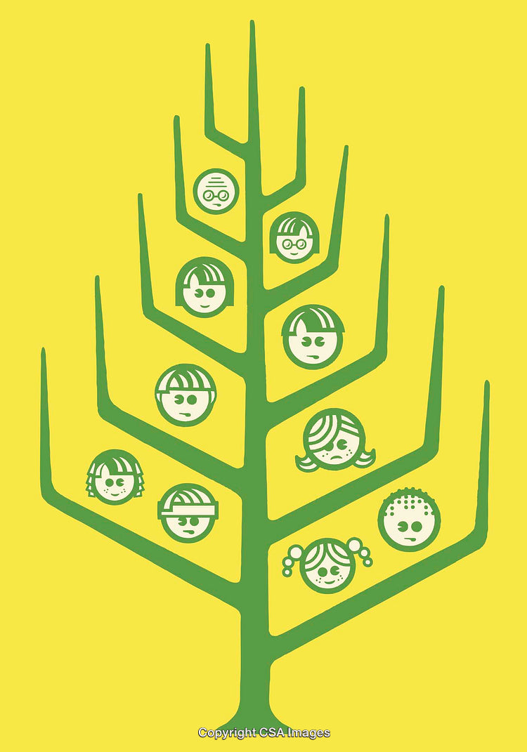 Stylized Family Tree Illustration with Cartoon Faces on a Yellow Background