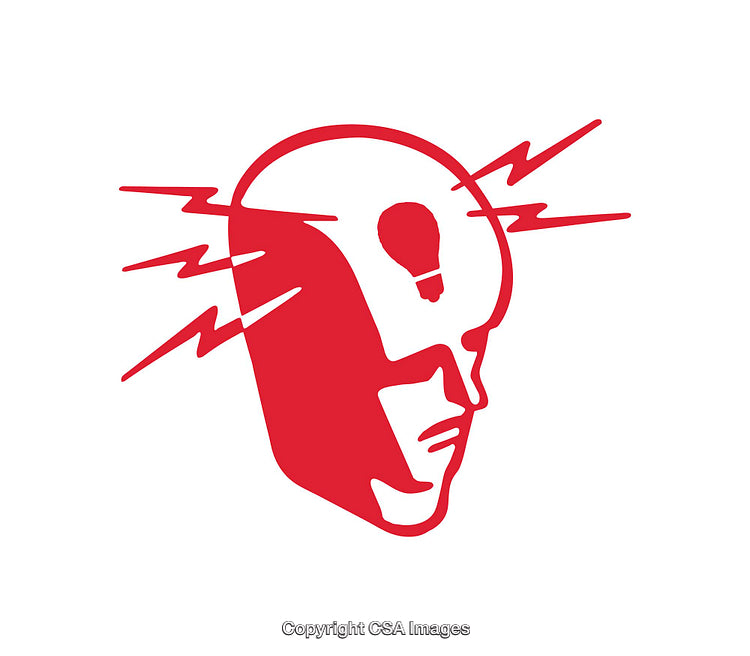 Bold Red Icon of Creative Head with Light Bulb and Energy Rays